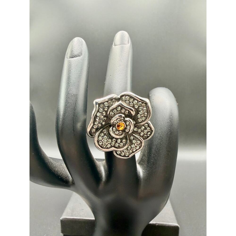 Stainless Steel Crystal Rose Statement Ring with Amber Center – Size 5.25
